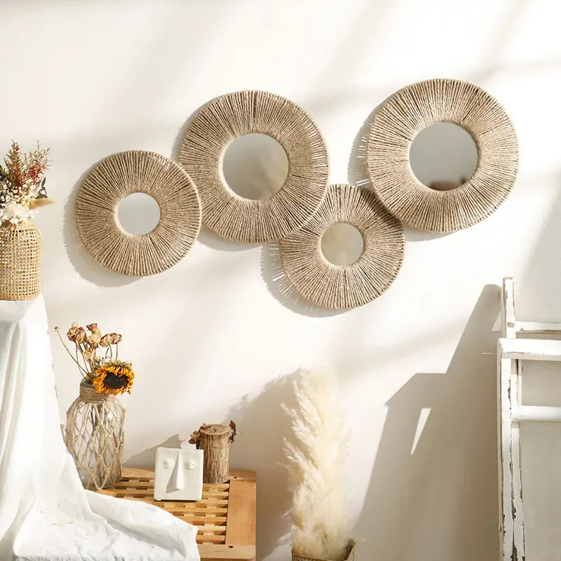 Round Jute Rope Wall Mirror Set