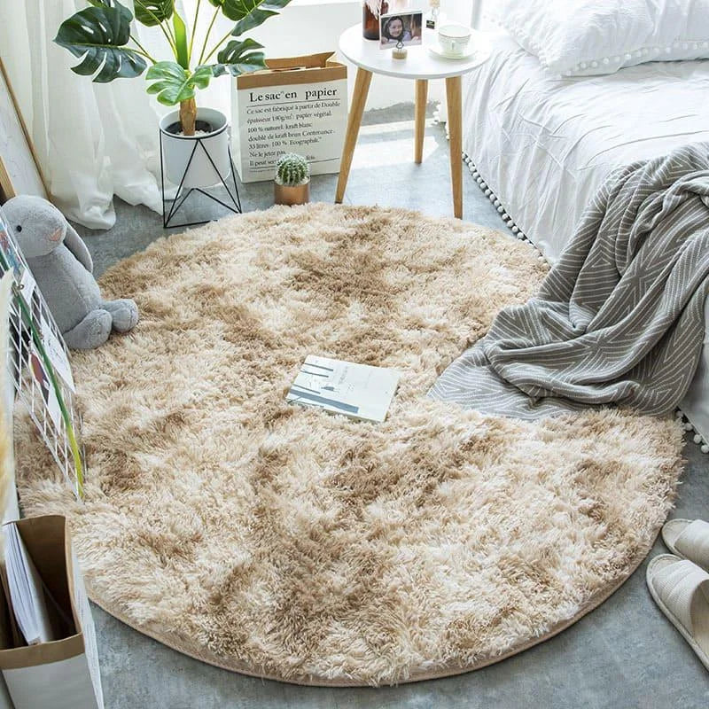 Round Khaki Shag Rug with Non-Slip Base