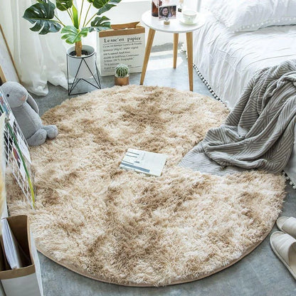 Round Khaki Shag Rug with Non-Slip Base