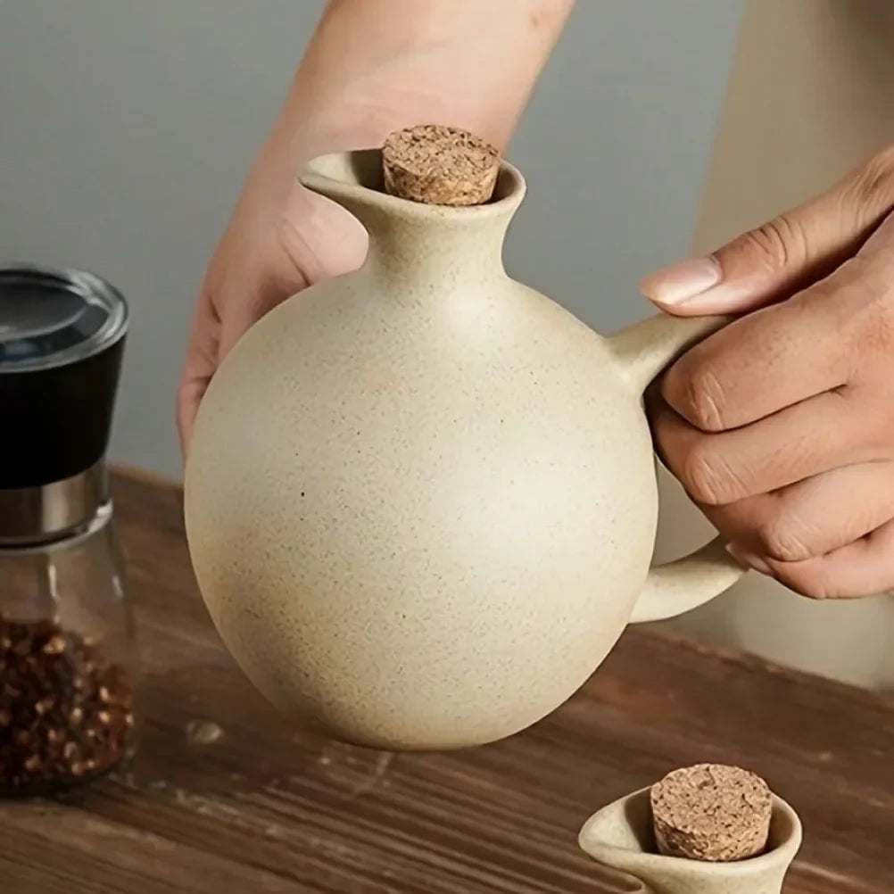 Rustic Ceramic Oil Bottle with Lid – view 2