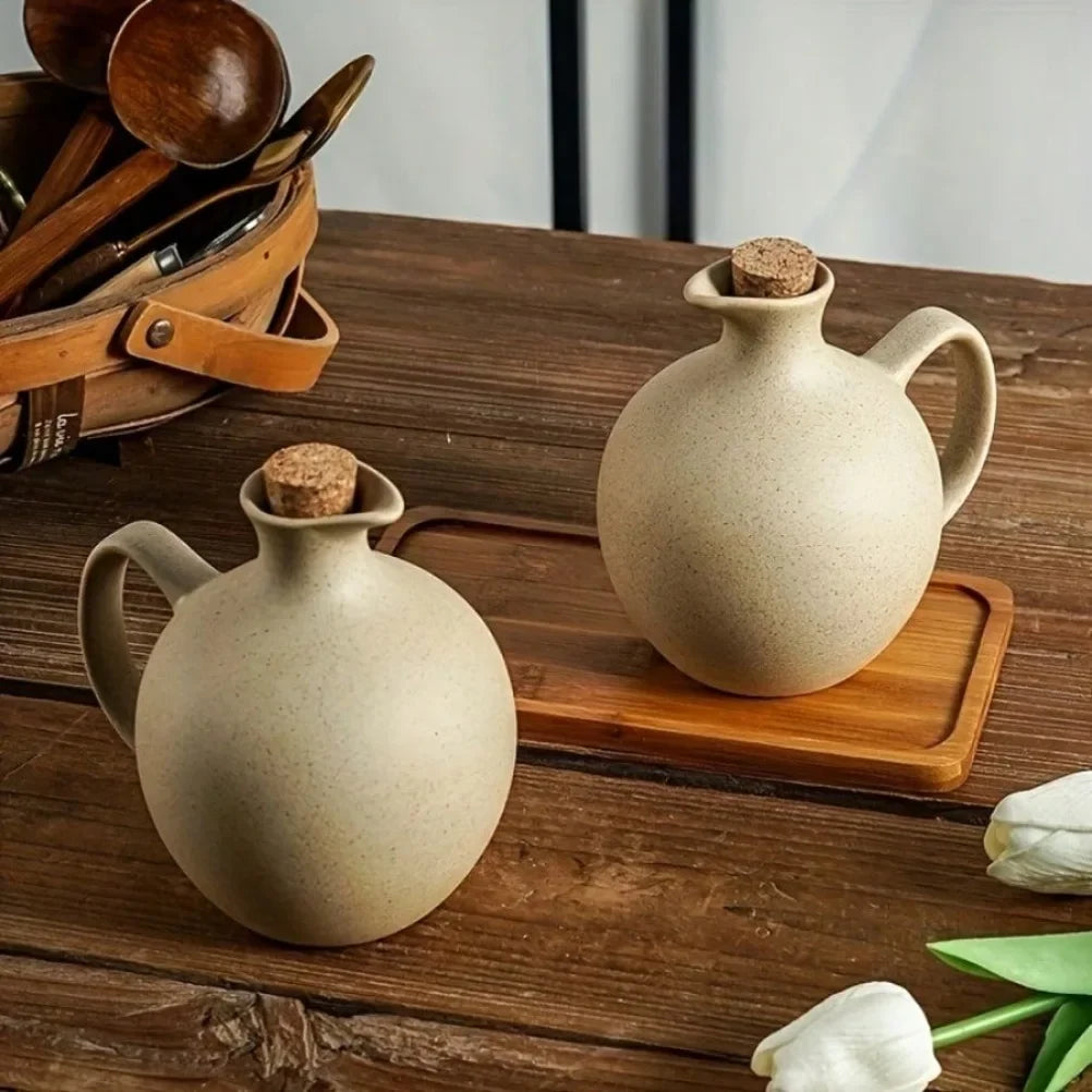 Rustic Ceramic Oil Bottle with Lid – view 3
