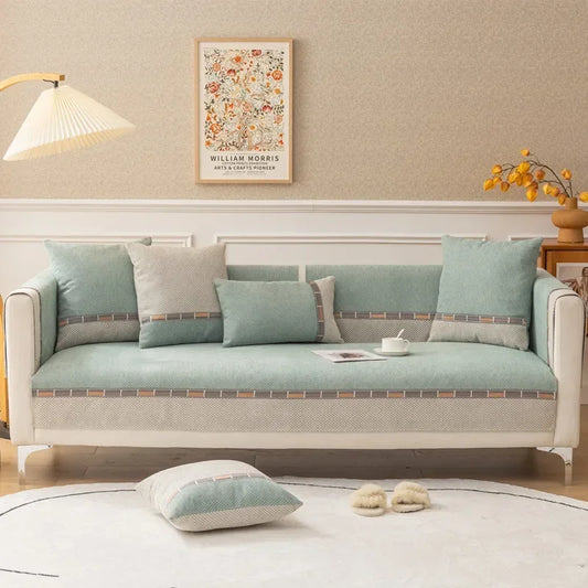 Soft Blue Chenille Non-Slip Sofa Protector