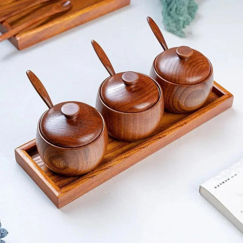 Solid Wood Spice Organiser Set with Jars & Spoons