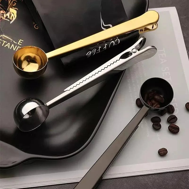 Stainless steel coffee scoop with bag clip