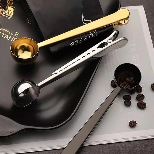 Stainless steel coffee scoop with bag clip