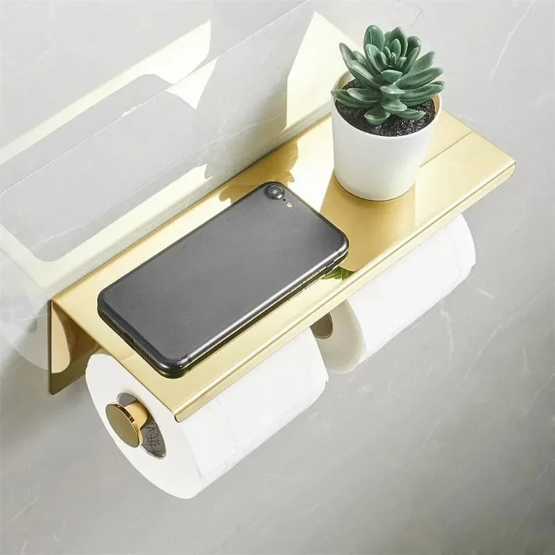 Stainless Steel Toilet Paper Holder with Shelf – Single or Double