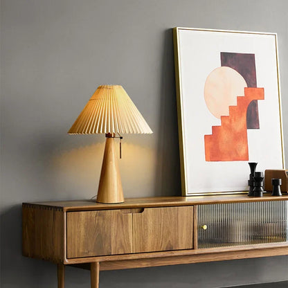 Vintage Nordic Wood Table Lamp with Pleated Shade