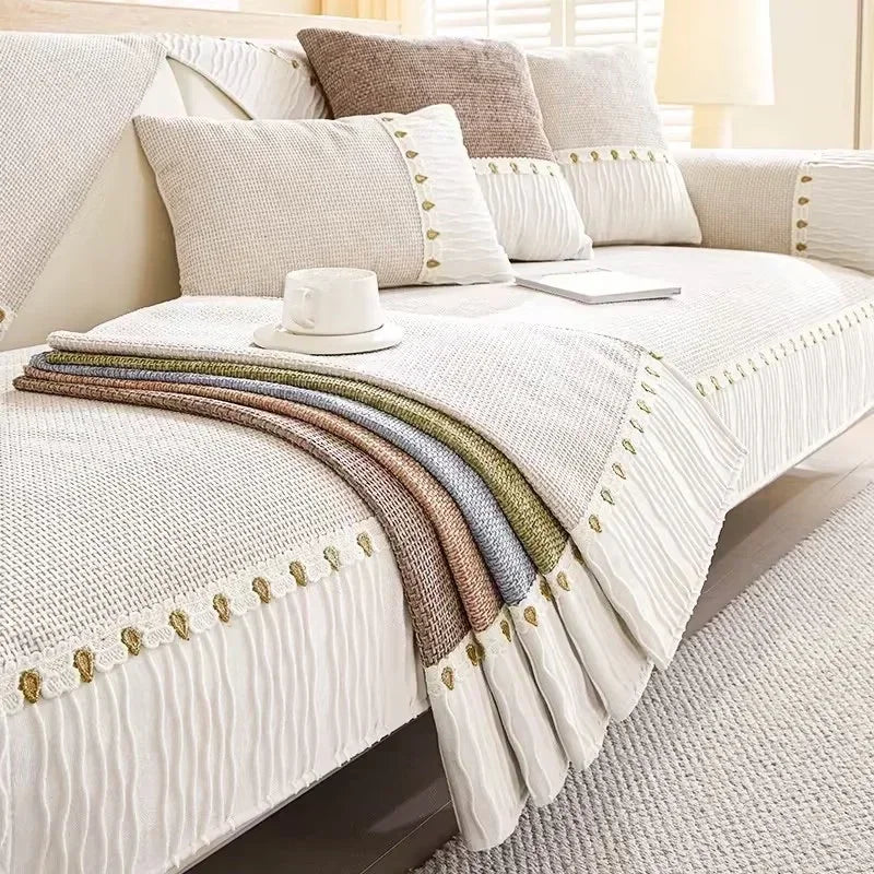 White Chenille Non-Slip Sofa Protector