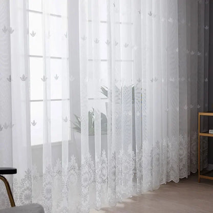 White Floral Embroidered Tulle Curtain Panel