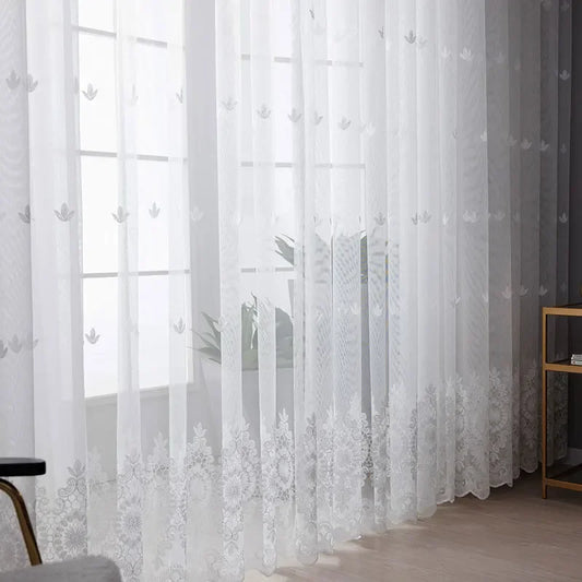 White Floral Embroidered Tulle Curtain Panel
