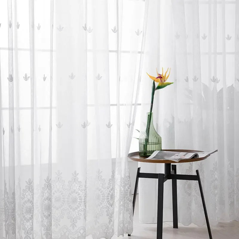 White Floral Embroidered Tulle Curtain Panel – view 2