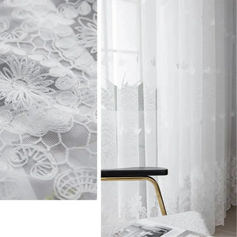 White Floral Embroidered Tulle Curtain Panel – view 5