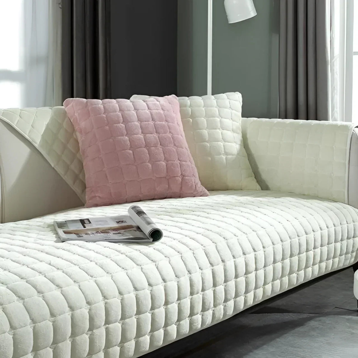 White Plush Check Non-Slip Sofa Protector – view 3