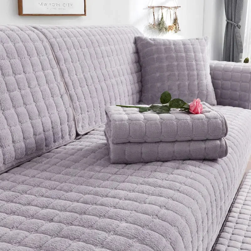 White Plush Check Non-Slip Sofa Protector – view 7
