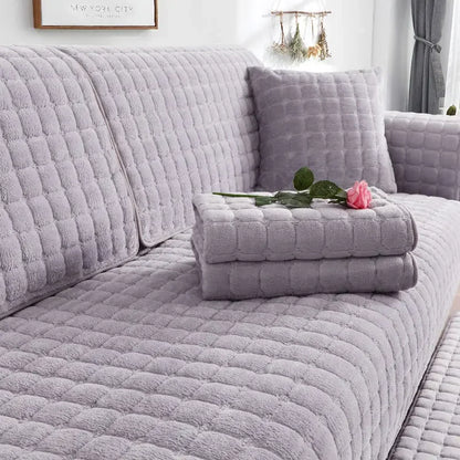 White Plush Check Non-Slip Sofa Protector – view 7