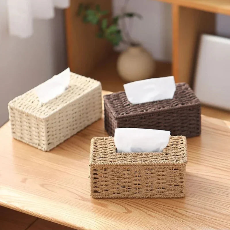 Woven Rattan-Effect Tissue Box Cover with Metal Frame