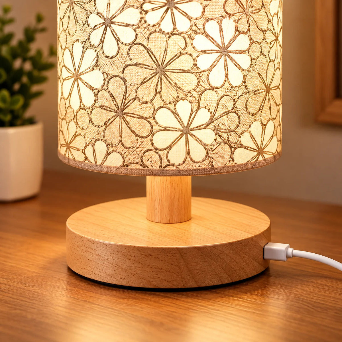 Floral bedside lamp with natural wood base for cosy bedroom decor