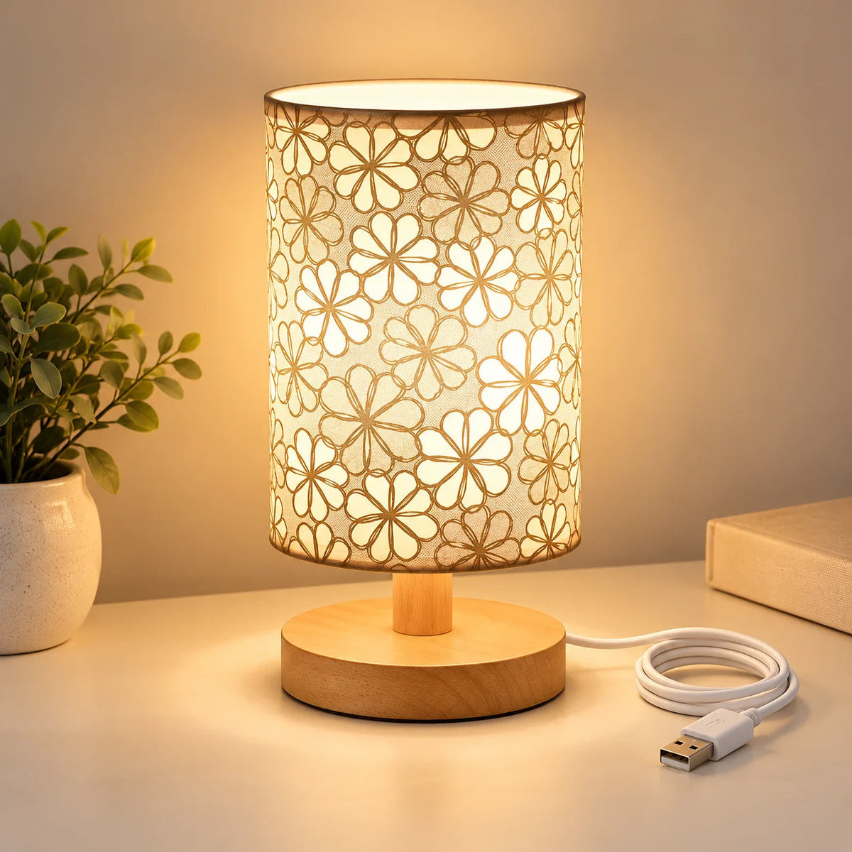 Floral fabric table lamp providing warm ambient lighting for a cosy interior