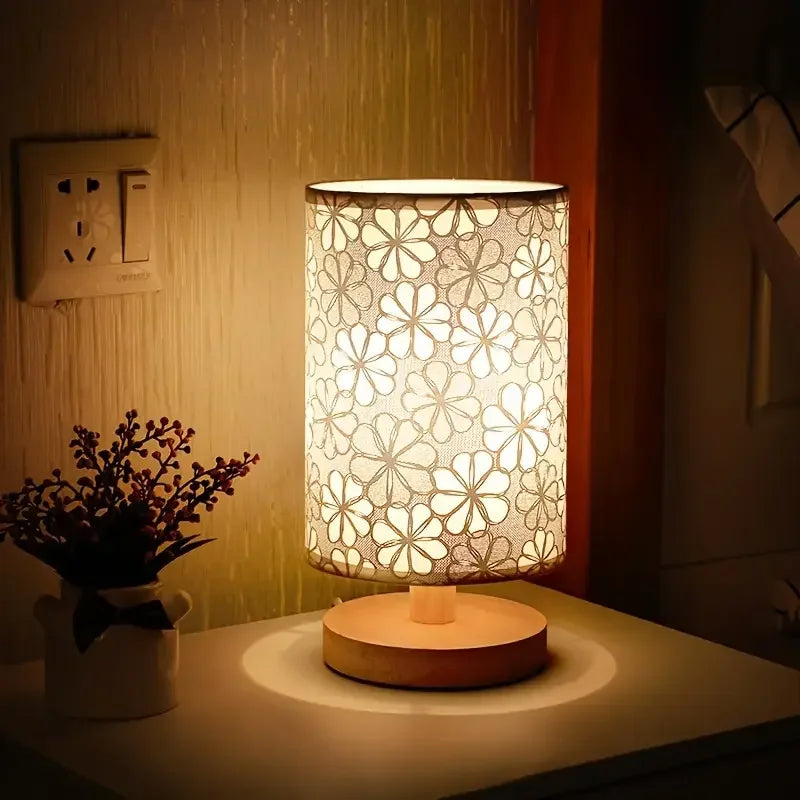 Floral fabric shade USB table lamp with natural wood base in beige