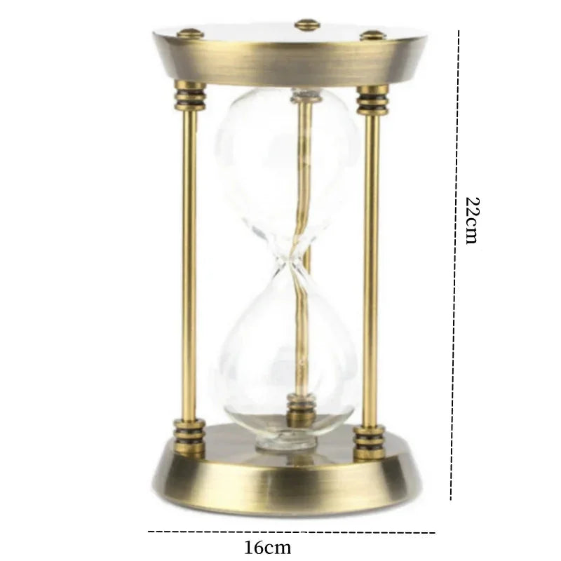 Gold metal hourglass dimension diagram labelled 22 cm high and 16 cm across the base.