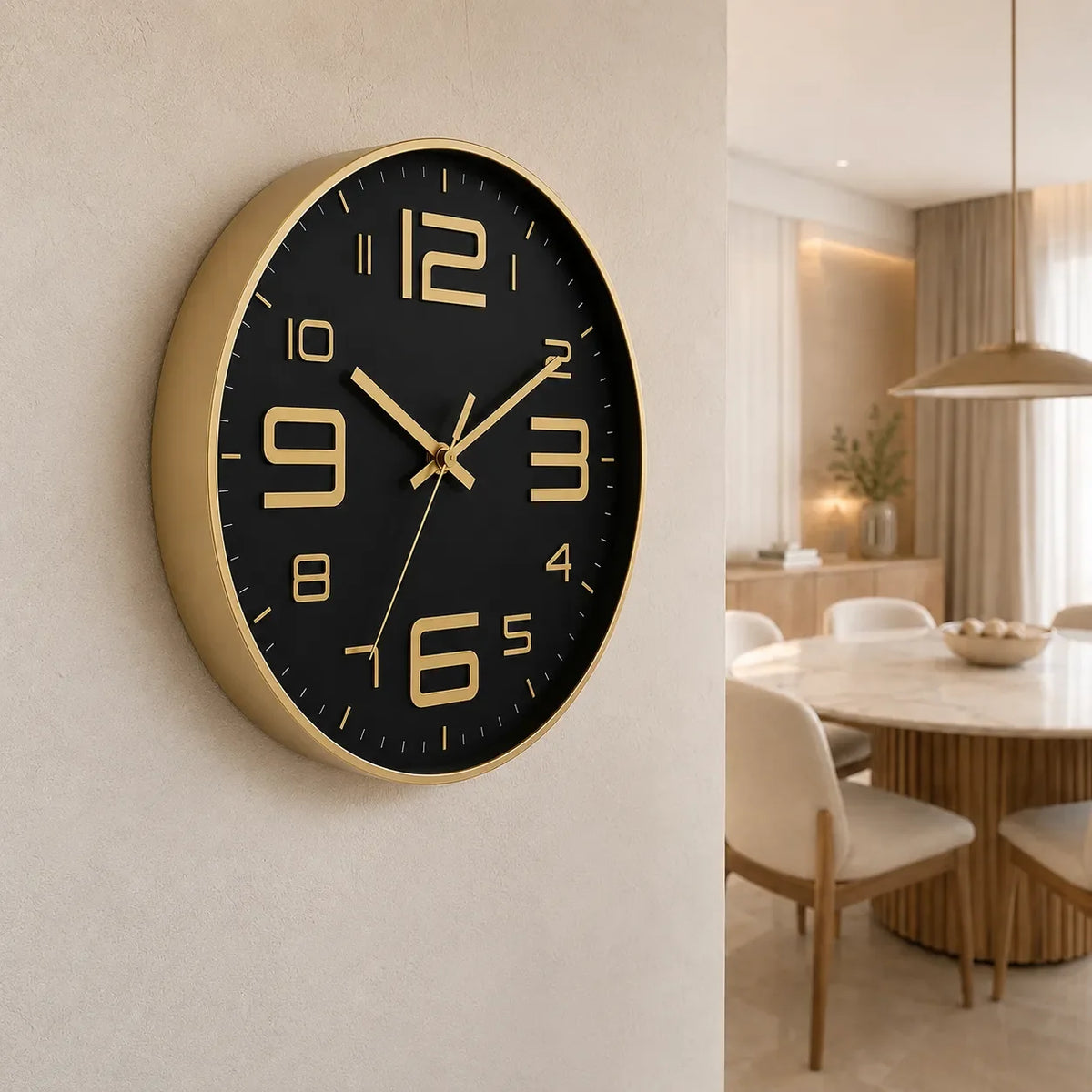 Aurelio Gold & Black 30cm gold wall clock, on a dining room wall