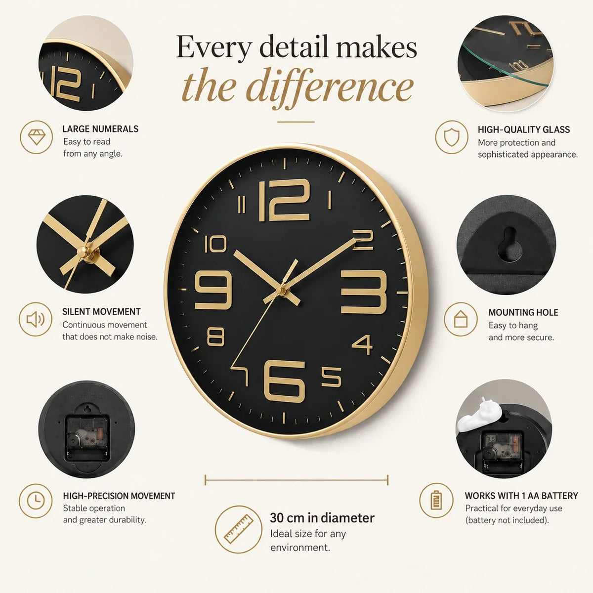 Aurelio Gold & Black 30cm gold wall clock, features graphic: large numerals, silent movement, hanging hole and one AA battery