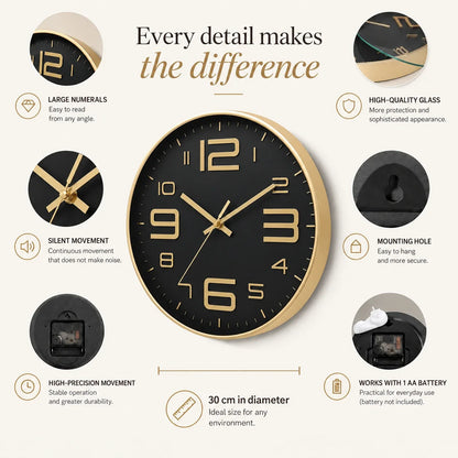 Aurelio Gold & Black 30cm gold wall clock, features graphic: large numerals, silent movement, hanging hole and one AA battery