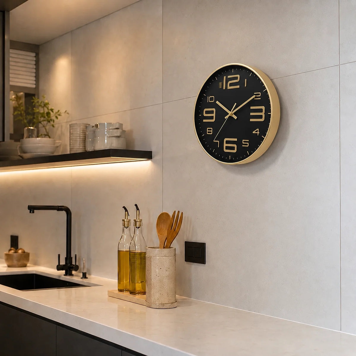 Aurelio Gold & Black 30cm gold wall clock, in a kitchen