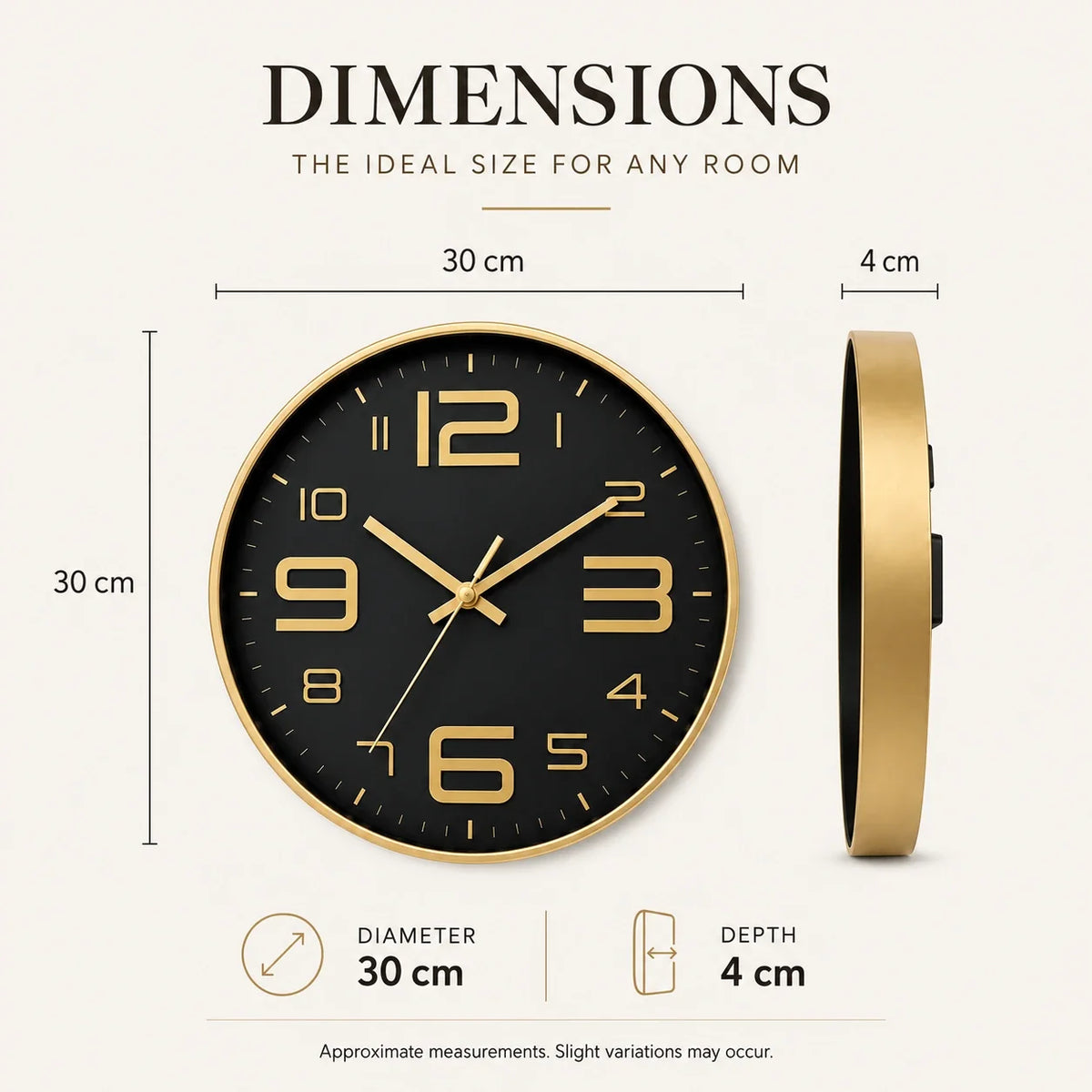 Aurelio Gold & Black 30cm gold wall clock, size guide, 30 cm diameter