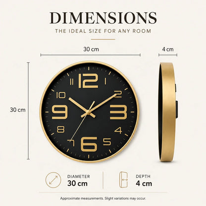 Aurelio Gold & Black 30cm gold wall clock, size guide, 30 cm diameter