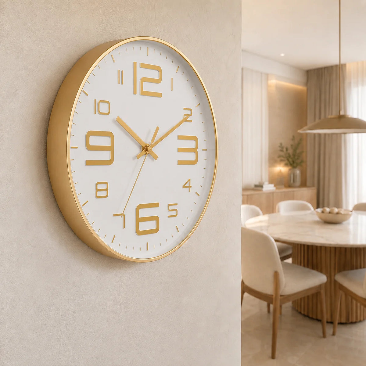 Aurelio Gold & White 30cm gold wall clock, on a dining room wall