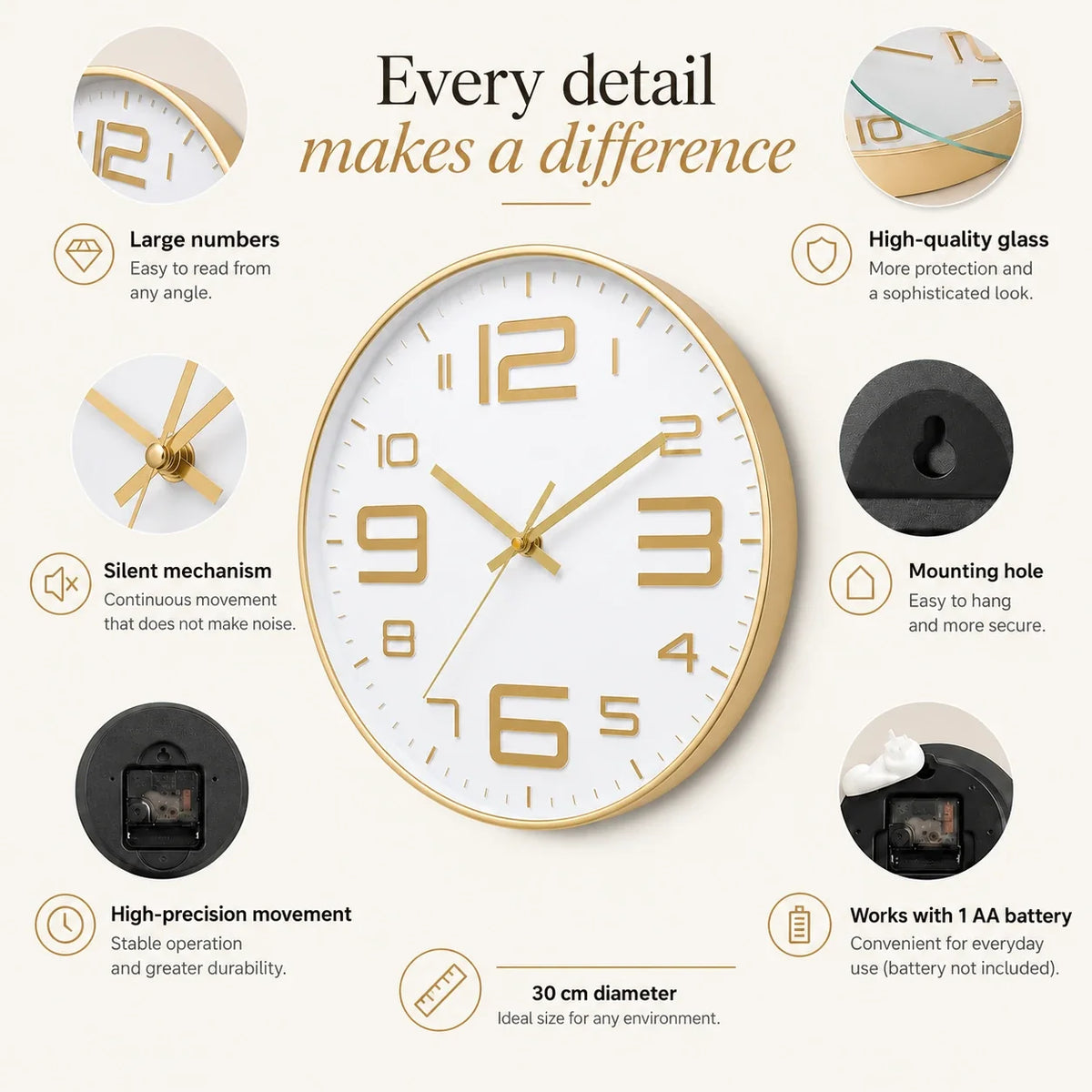 Aurelio Gold & White 30cm gold wall clock, features graphic: large numerals, silent movement, hanging hole and one AA battery