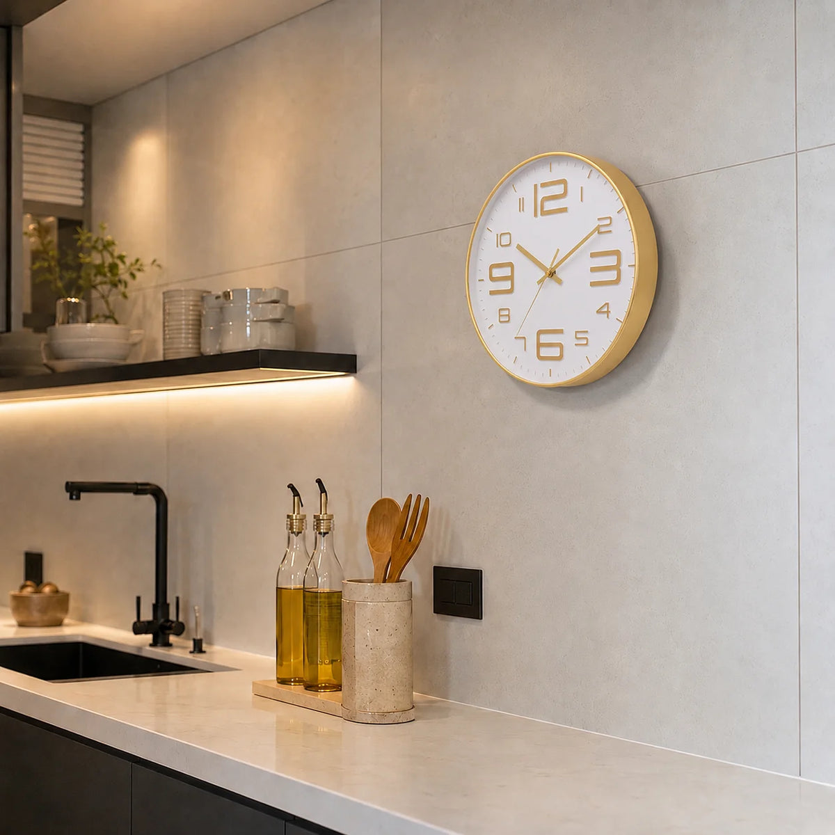 Aurelio Gold & White 30cm gold wall clock, in a kitchen