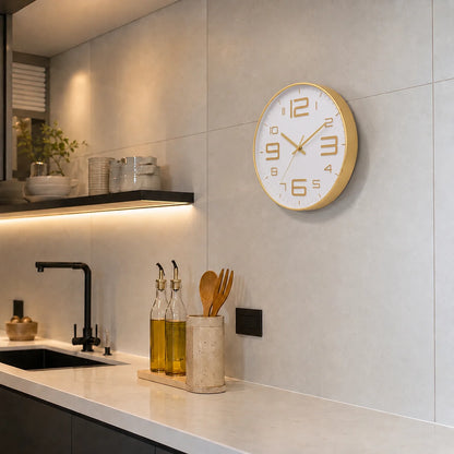 Aurelio Gold & White 30cm gold wall clock, in a kitchen