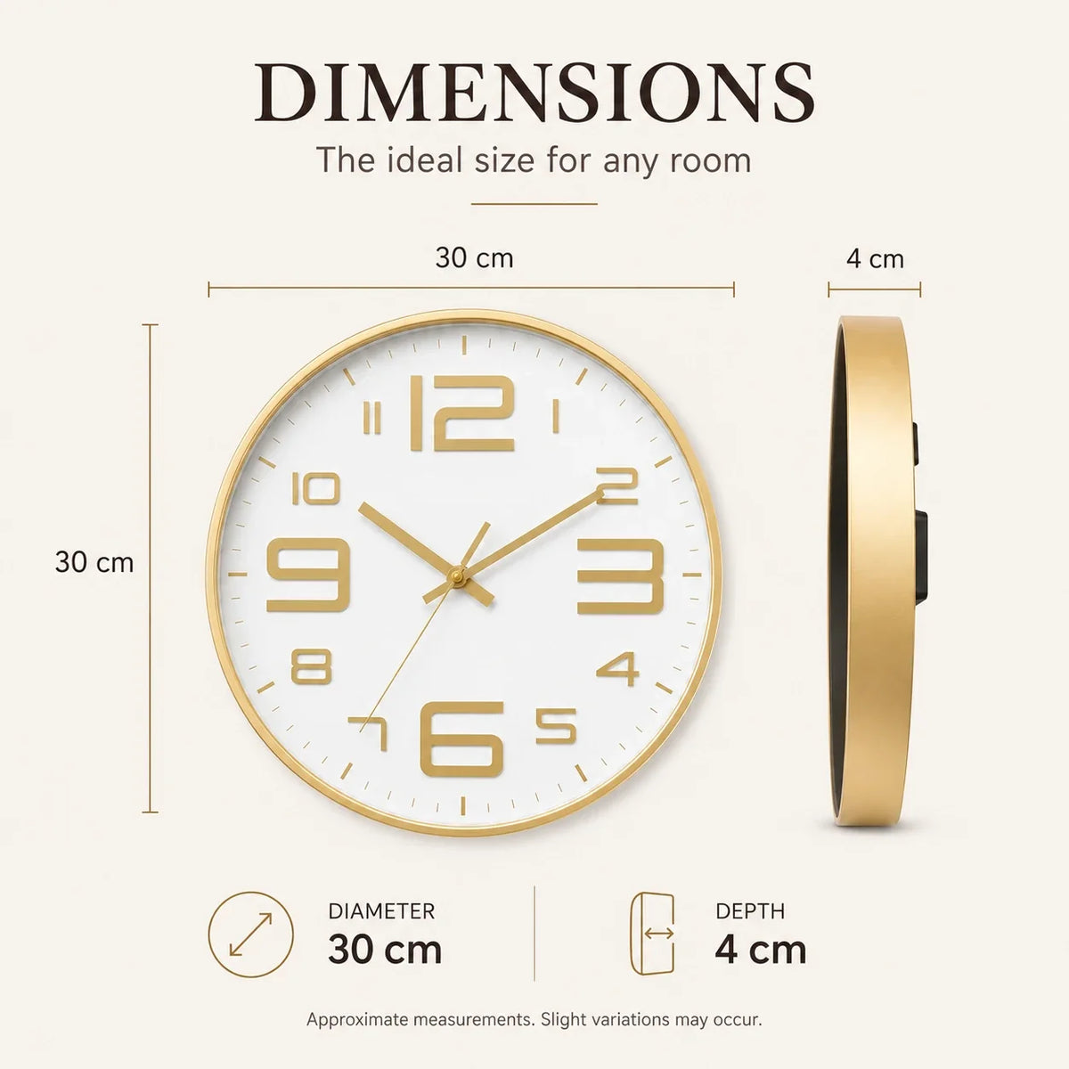 Aurelio Gold & White 30cm gold wall clock, size guide, 30 cm diameter