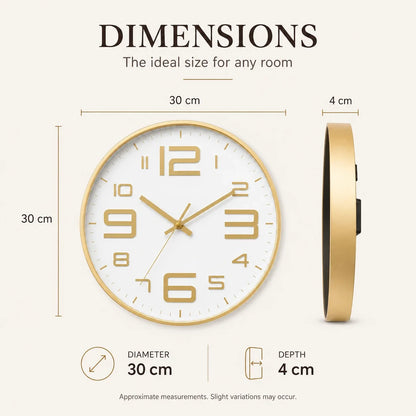 Aurelio Gold & White 30cm gold wall clock, size guide, 30 cm diameter