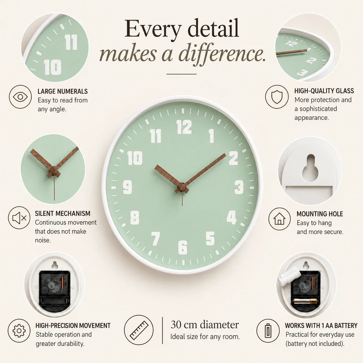 Verona Green 30cm green wall clock, features graphic: large numerals, silent movement, hanging hole and one AA battery