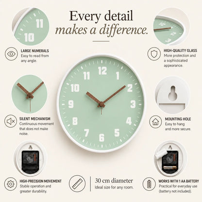 Verona Green 30cm green wall clock, features graphic: large numerals, silent movement, hanging hole and one AA battery