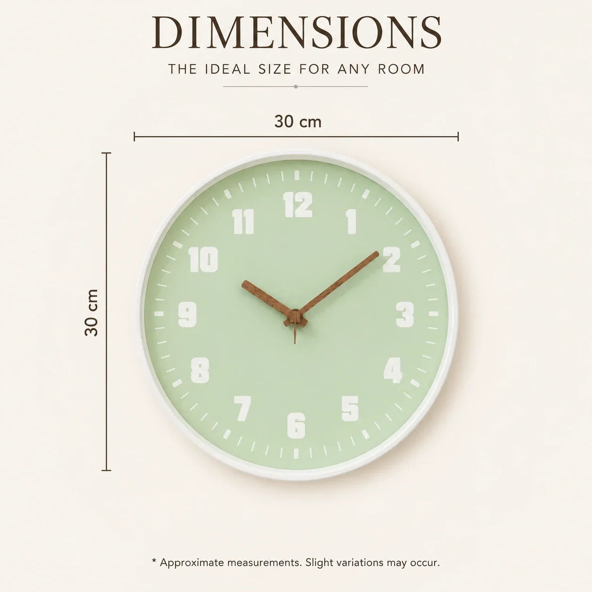 Verona Green 30cm green wall clock, size guide, 30 cm diameter