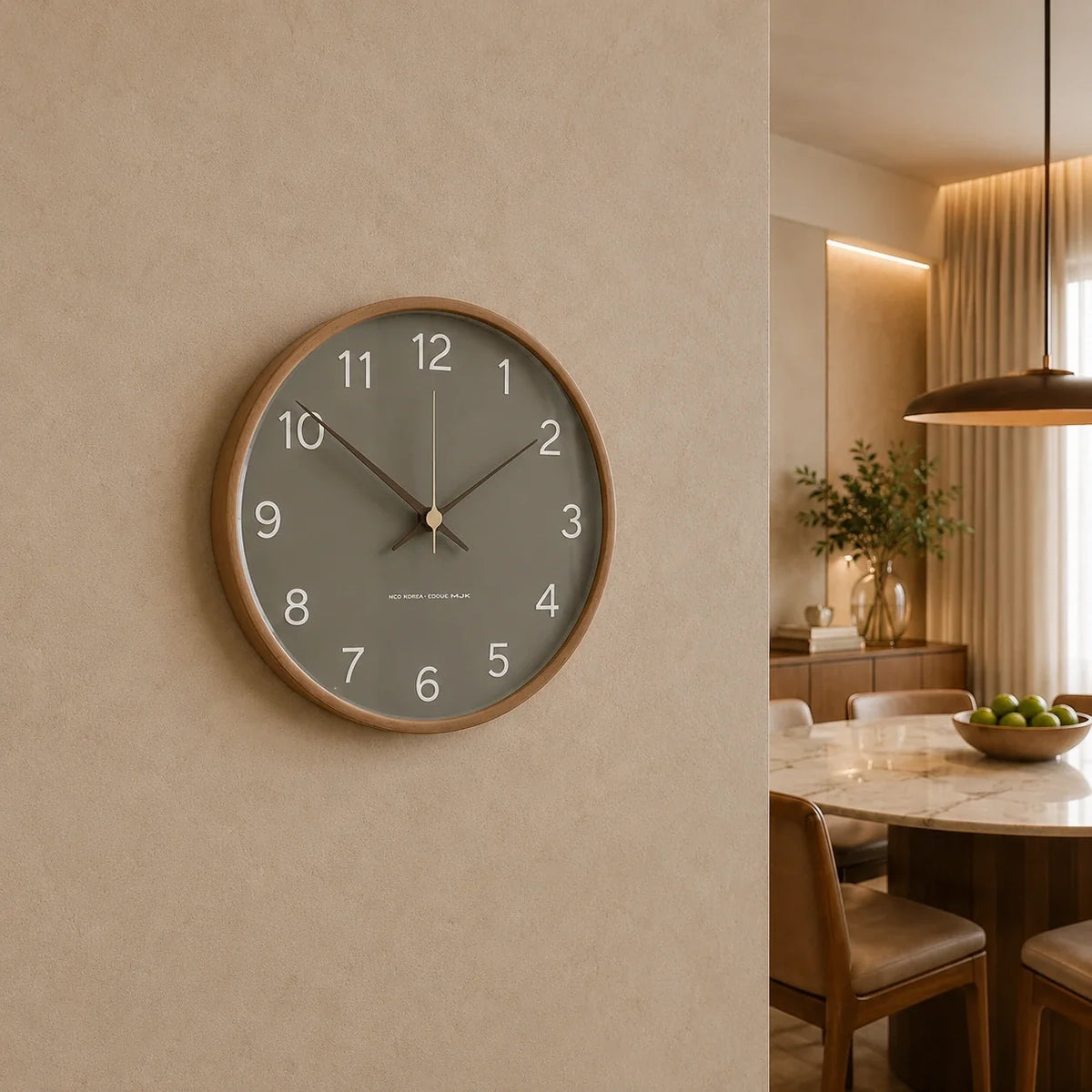 Milano Gray 25cm grey wall clock, on a dining room wall