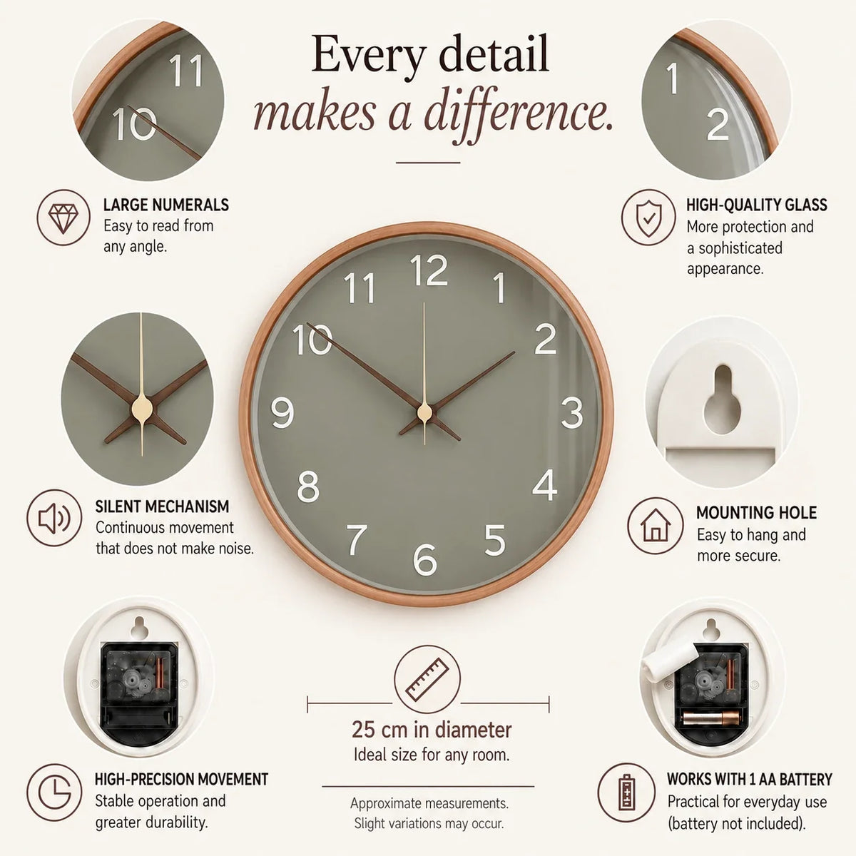 Milano Gray 25cm grey wall clock, features graphic: large numerals, silent movement, hanging hole and one AA battery