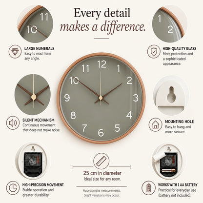 Milano Gray 25cm grey wall clock, features graphic: large numerals, silent movement, hanging hole and one AA battery