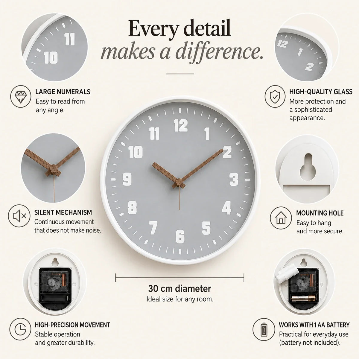 Verona Grey 30cm grey wall clock, features graphic: large numerals, silent movement, hanging hole and one AA battery