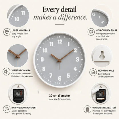 Verona Grey 30cm grey wall clock, features graphic: large numerals, silent movement, hanging hole and one AA battery