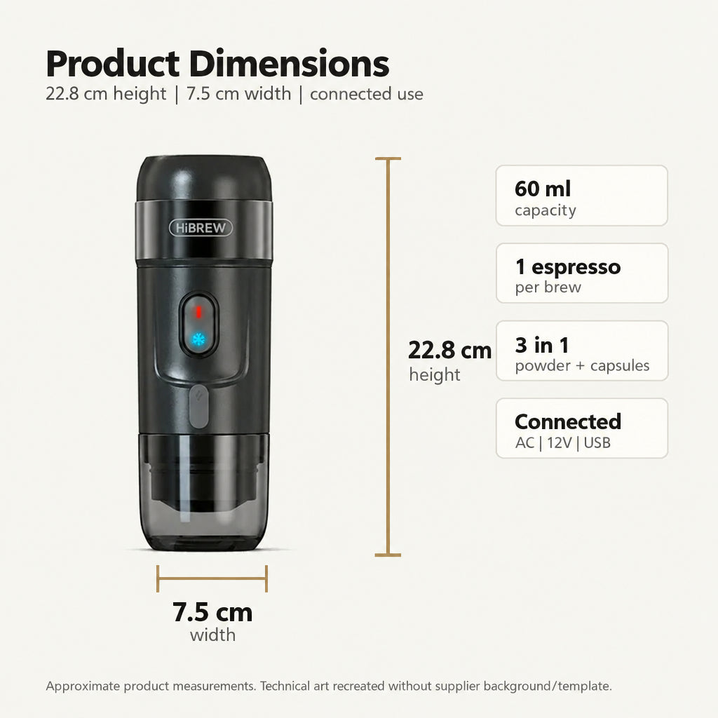 HiBREW Portable Espresso Machine – 3-in-1 with Travel Case – dimensions and specifications