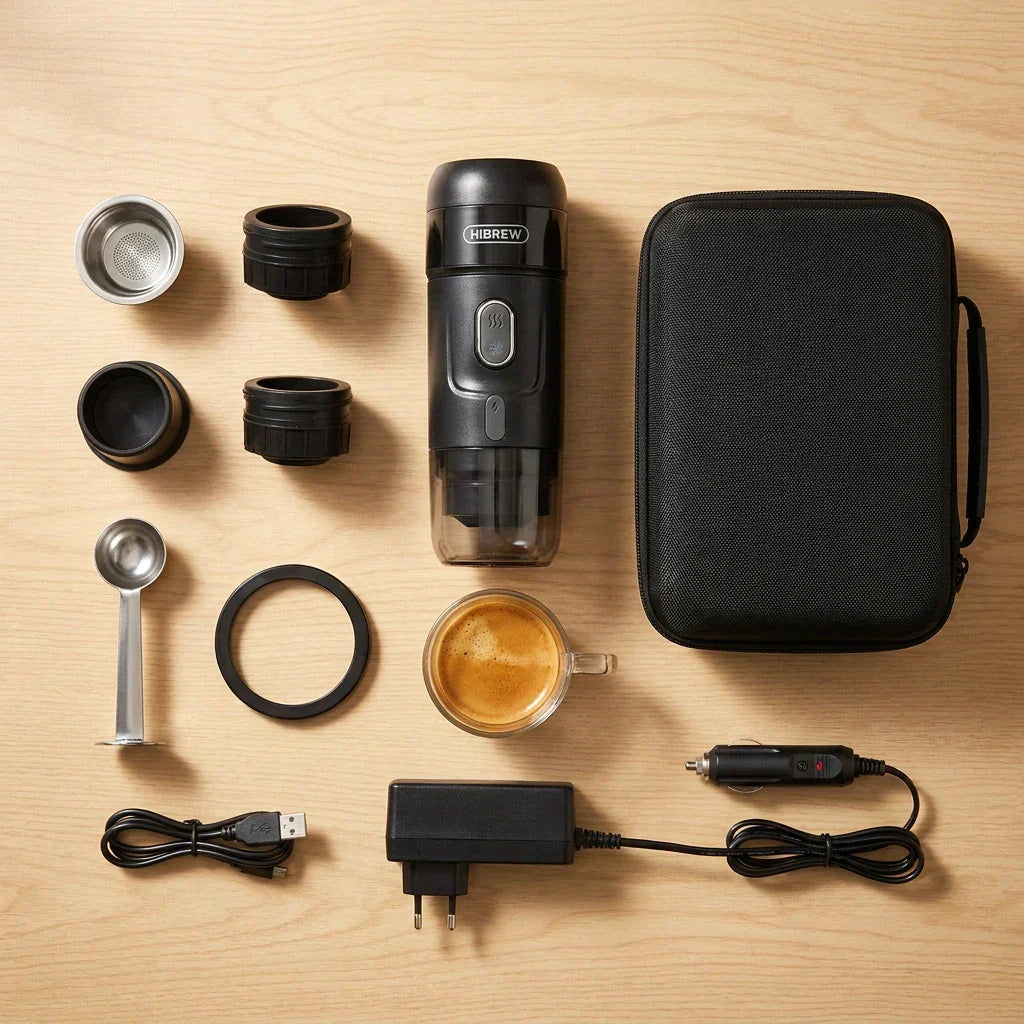HiBREW Portable Espresso Machine – 3-in-1 with Travel Case – included accessories