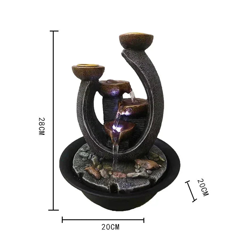 Curved water fountain with a diagram showing its 28 cm height and 20 cm square footprint