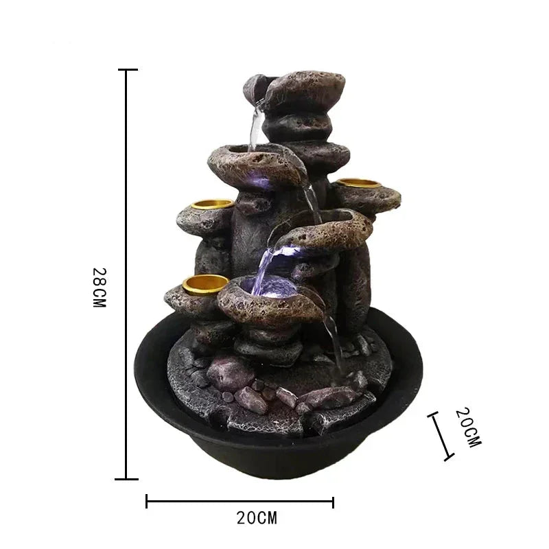 Rock-style water fountain with a diagram showing its 28 cm height and 20 cm square footprint