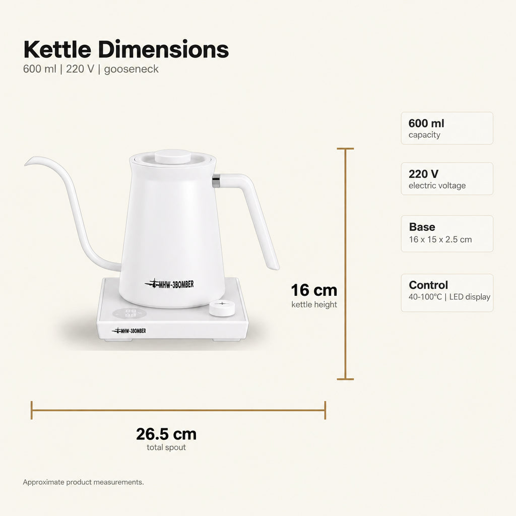 MHW-3BOMBER Electric Gooseneck Kettle – White, 600 ml – dimensions and specifications