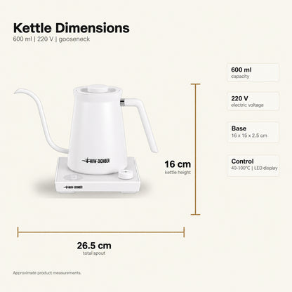 MHW-3BOMBER Electric Gooseneck Kettle – White, 600 ml – dimensions and specifications